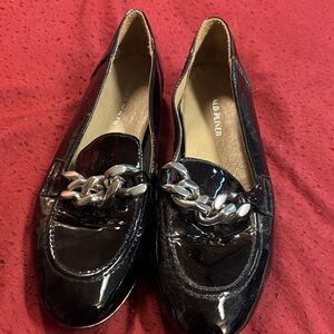 Donald J. Pliner Glossy Black Loafers with Silver Chain